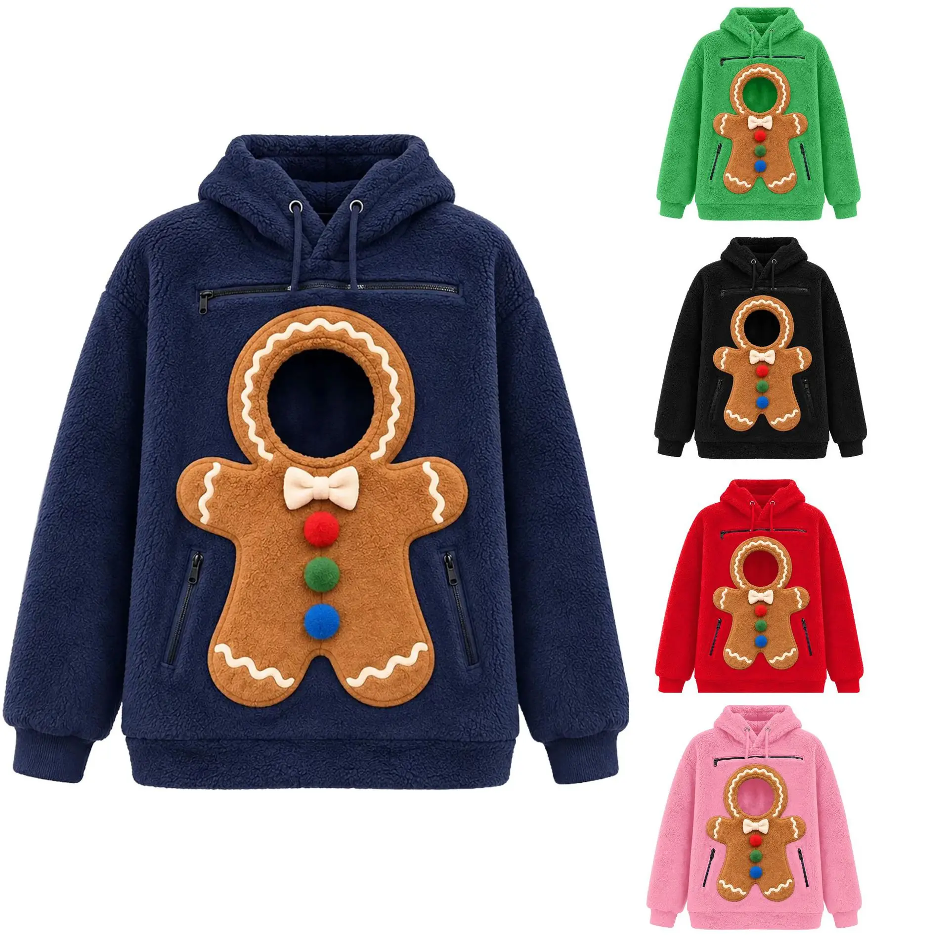 Unisex Pet Pocket Hoodie Christmas Tree Penguin Gingerbread Fleece Sweatshirt Zipper Chest Pocket Warm Winter Couple Pullover
