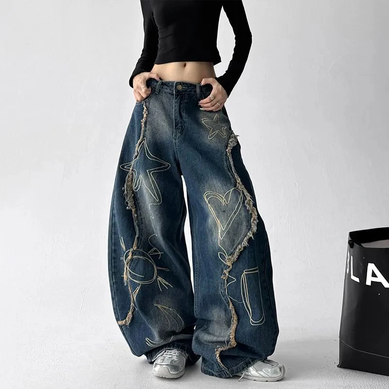 

Vintage Hip Hop Streetwear Embroidery Jeans Women Raw Edge Tassels Y2K Denim Pants Autumn High Waist Wide Leg Scimitar Trouser