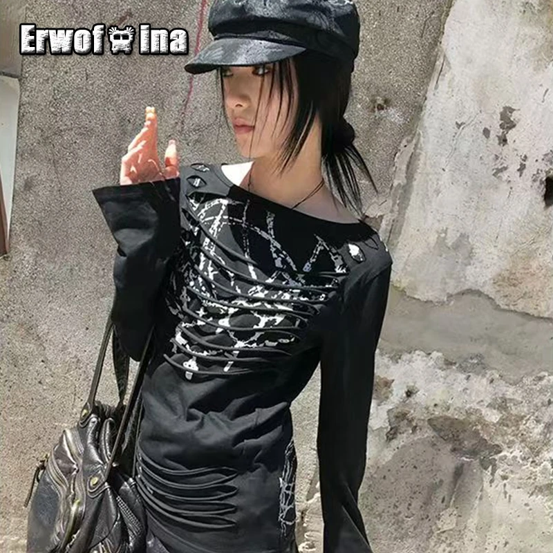 

Erwofeina American Retro Graphic T-shirt Streetwear Grunge Tees 2000s Clothes Y2k Punk Style Long Sleeve Skinny Chic Women Top
