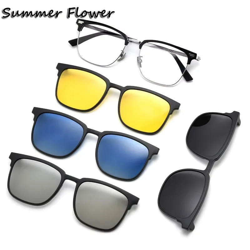 Clip On Glasses Men Sunglasses Night and Day Time Driving Optical Eyewear Lens Magnetic Layer Polarized Glasses Frame Titanium
