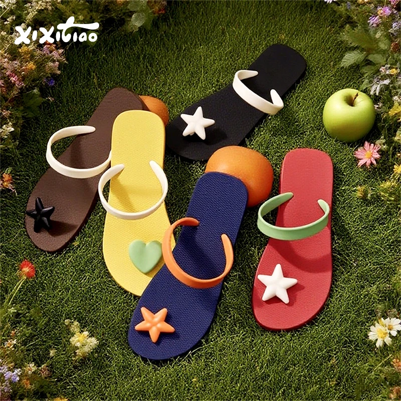 XIXITIAO 2026 Summer Funny Flip-Flops For Women Fashion Cute Anti-Slip Beach Sandals Color Blocking Outdoor Vacations Footwear