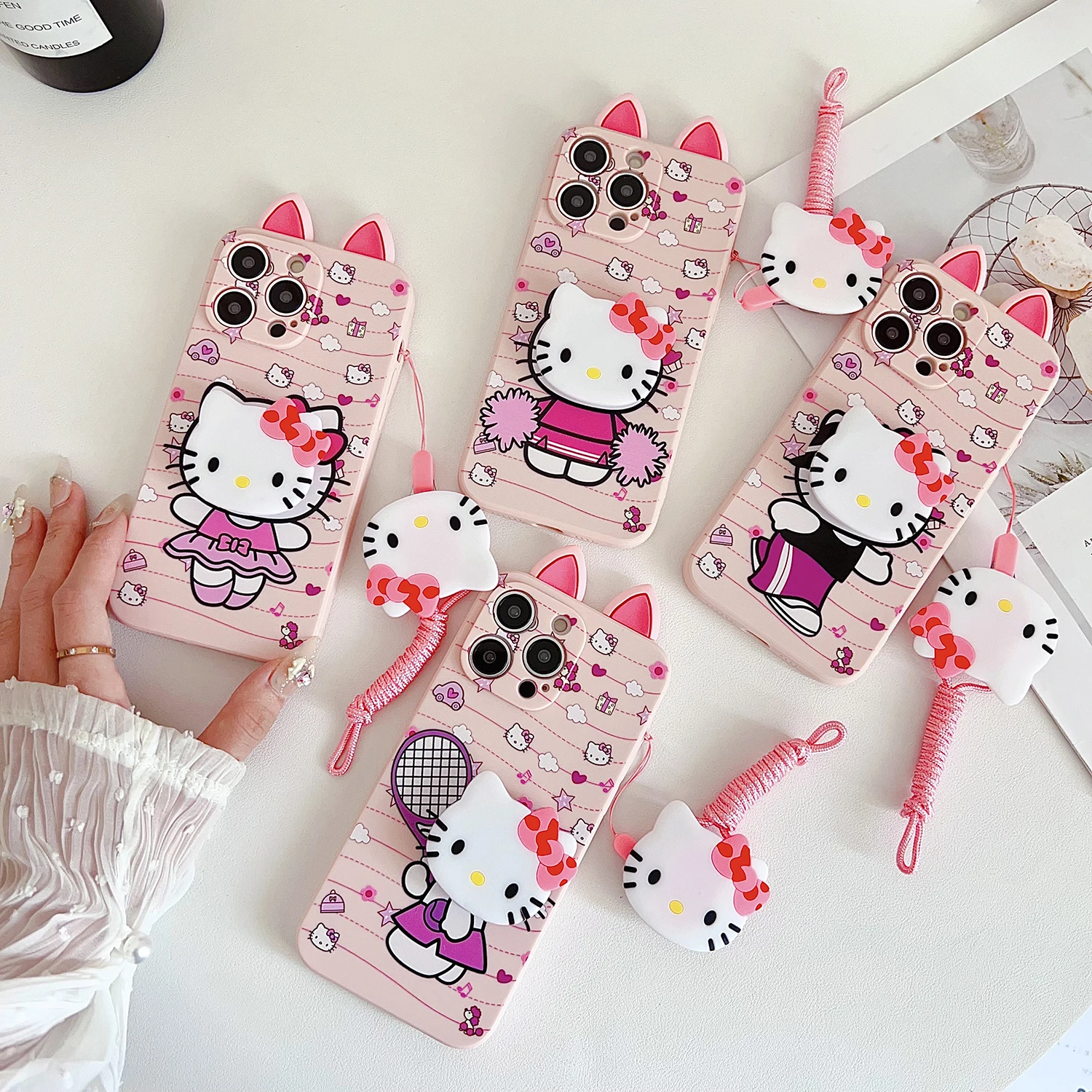 For OPPO A15 A94 A54 A55 A53 A74 A96 A57 A17 A58 A78 60 Realme C55 53 35 30 21Y 11 33 63 61 Kitty Ears Case With Holder Rope