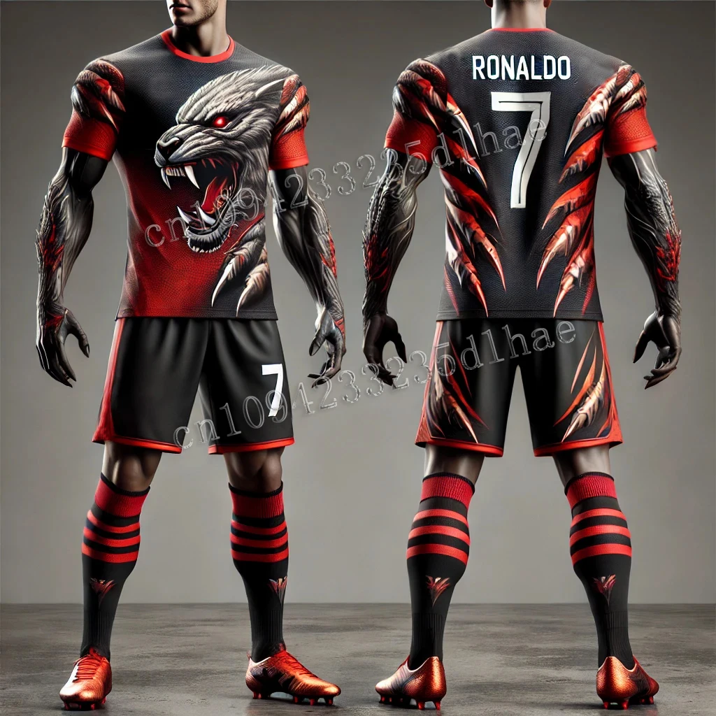 New Ronaldo #7 Football Jersey For Adults Summer Soccer Training Tops Clothing Lion Tiger 3D Printing Short Sleeve Shorts Set