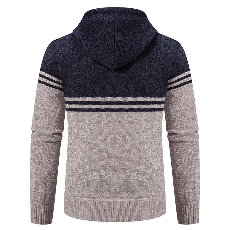 Men Hooded Cardigan Knit SweaterCoat 2024 Autumn Winter Velvet Keep Warm Thicken Contrast Striped Jackets Outerwear Men Clothing