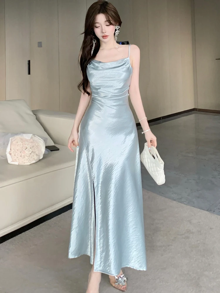 Women Blue Satin Pleated Bodycon Sling Sexy Long Dress Summer Elegant Luxury Dance Party Dress 2025 Korean Bodycon Evening Dress