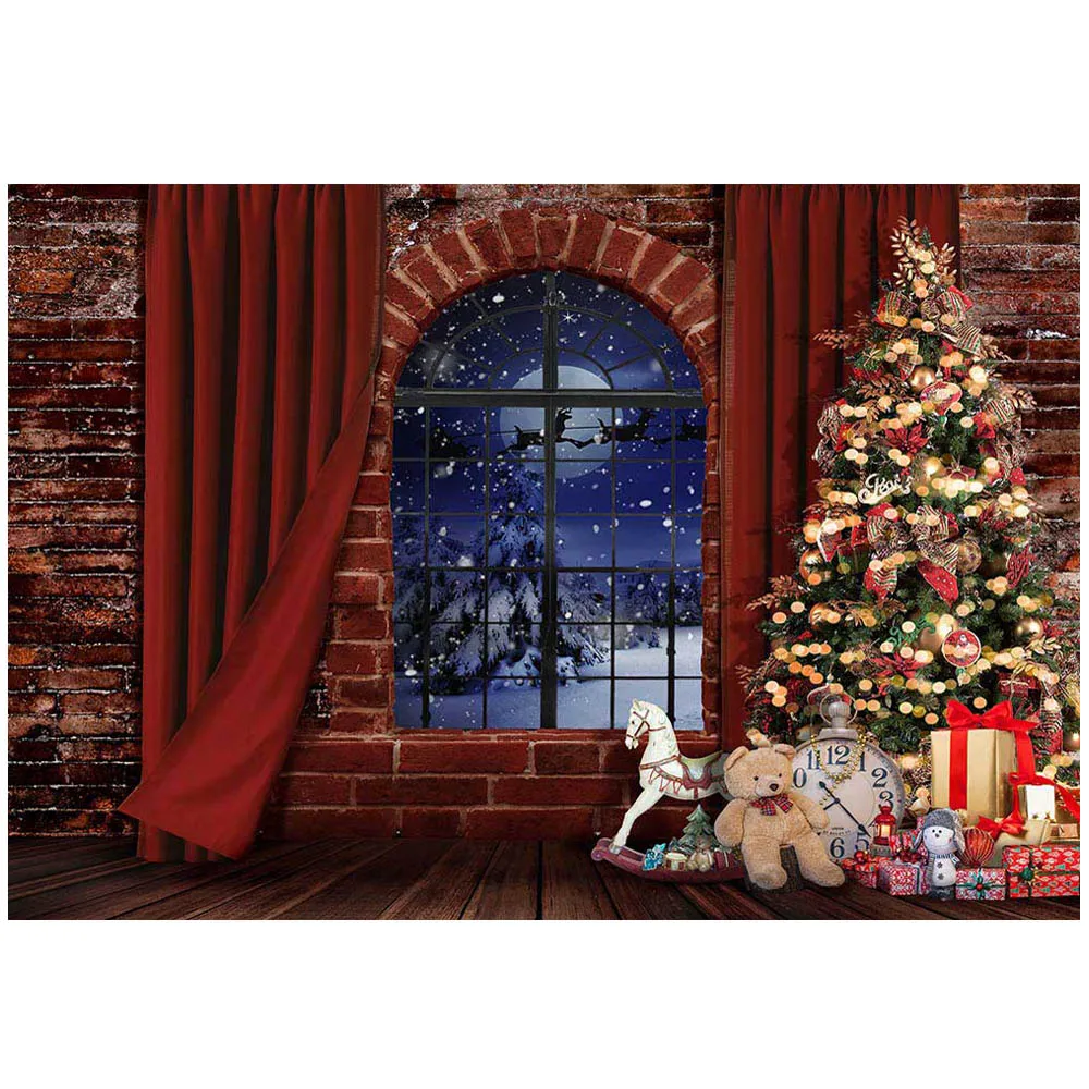Mocsicka-Arrière-Plan de Photographie pour Portrait de Bébé et Enfant, Rideau Rouge, Arbre de Noël, Mur de Briques, Fenêtre, Neige, Plancher en Bois