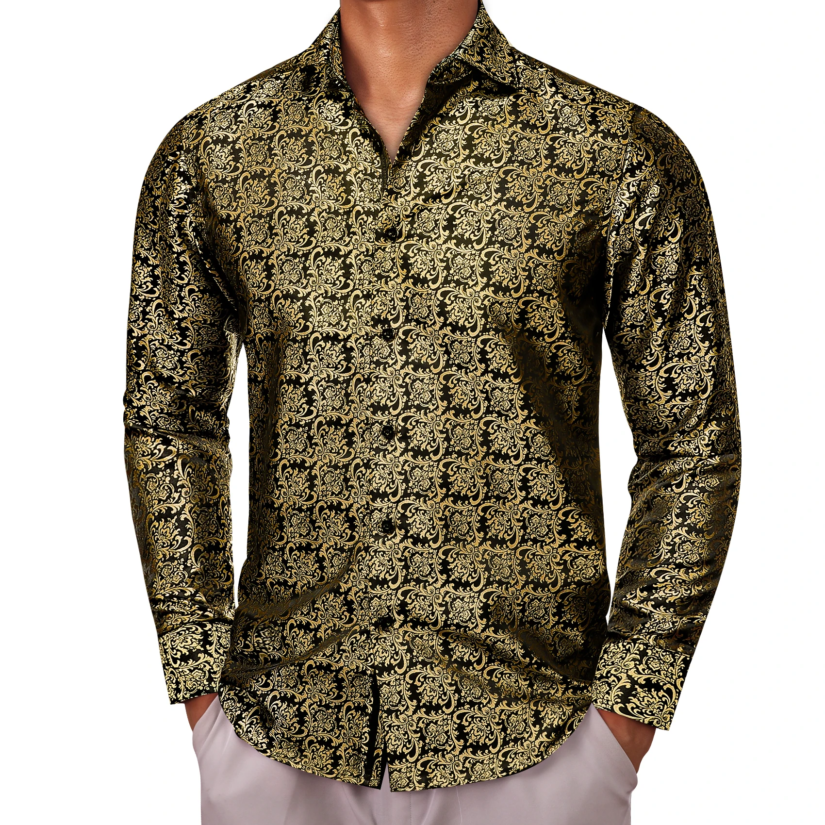 

Designer Shirts for Men Silk Long Sleeve Gold Black Flower Slim Fit Male Blouses Casual Formal Tops Breathable Barry Wang