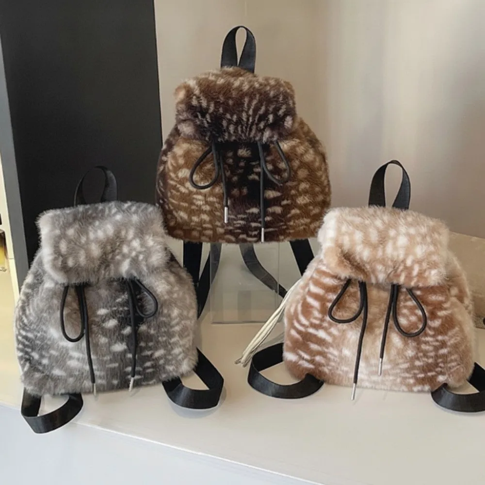 Creative Gift Faux Fur Backpack Large Capacity Soft Drawstring Backpack Spotted Deer Pattern Spotted Bucket Style Backpack