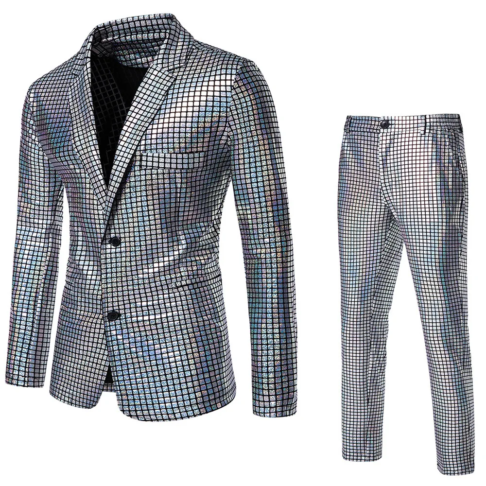 

Silver Green Men's Sequin Hot Stamping Suit Trendy Disco Cosplay Festival Party Events Stage Nightclub Shiny Performance Set