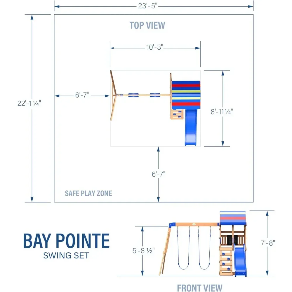 Bay Pointe All Cedar Wooden Swing Set, Large Upper Deck with Canopy, Sandbox, Rock Wall, Slide, Two Swings, Chalkboard Blue