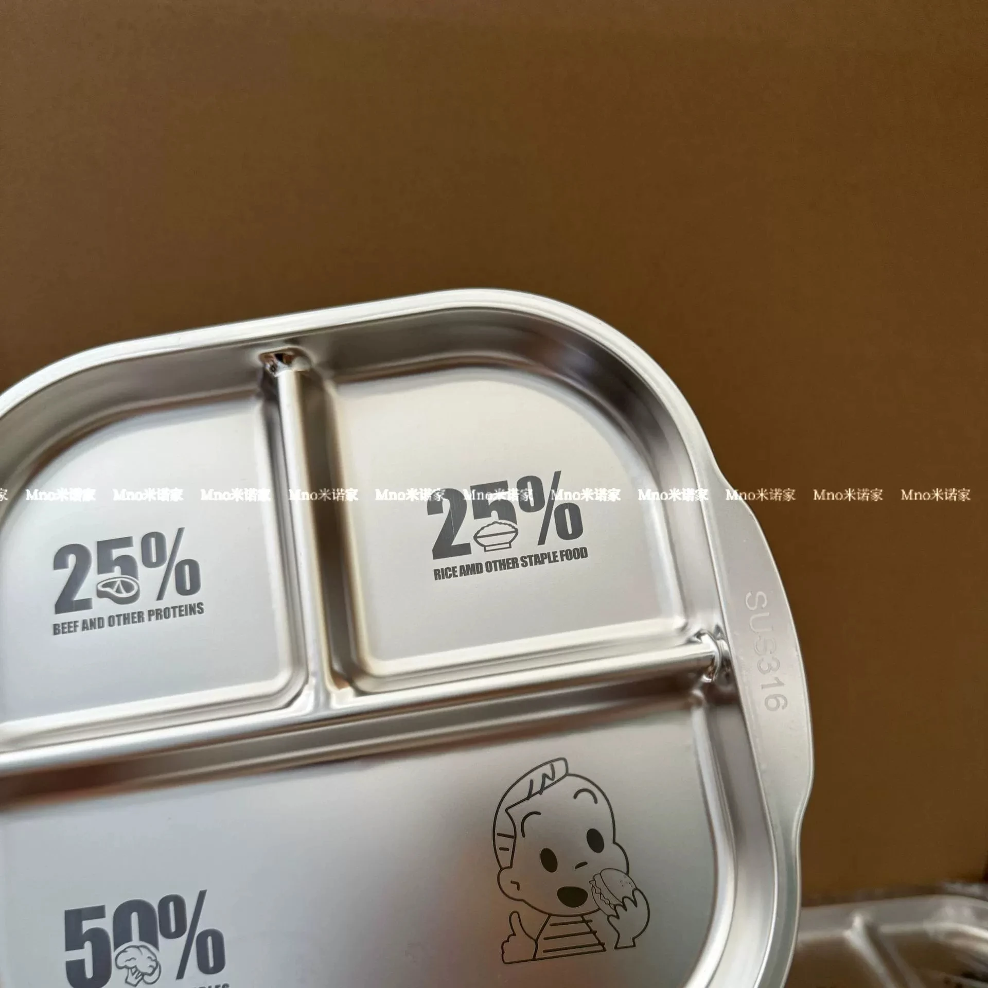 Stainless Steel 304 Portion Control Tray 3 Compartment Diet Plate Rounded Square Cute Panda Student Lunch Dish 240mm 220mm