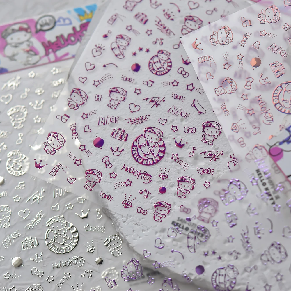 Kawaii Hello Kitty Nail Stickers 5D Embossed Cartoon Cat Bowknot Nail Decals DIY Manicure Accessories Versatile Nail Decor
