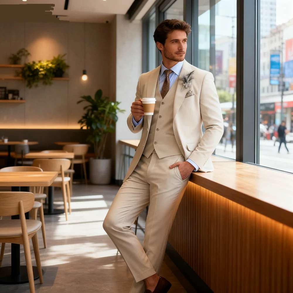 

3PCS Formal Solid Men's Suit Set - Wedding Business Party Prom Classic Occasion Jacket Vest Pants Ensemble