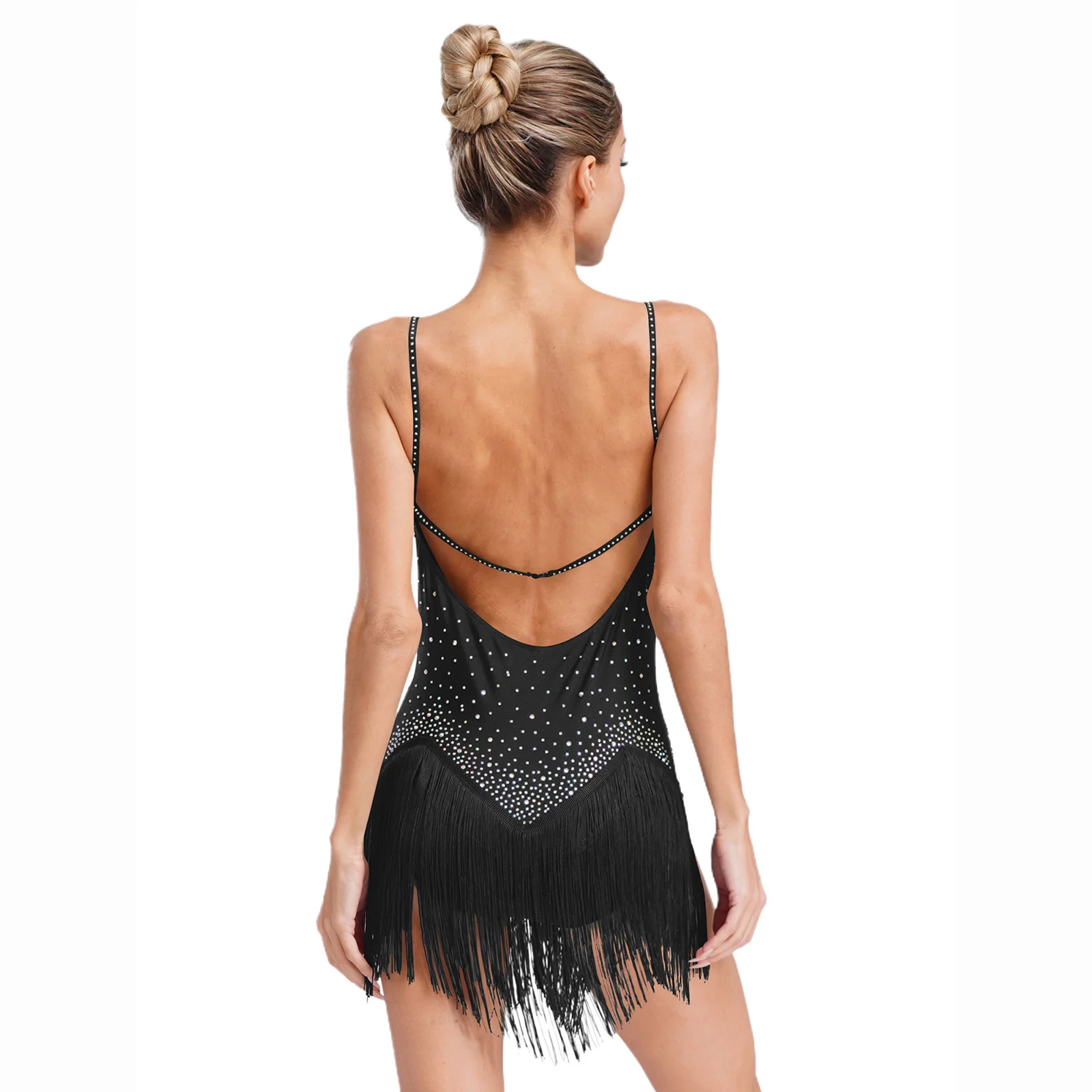 

Women Figure Skating Leotard ChaCha Latin Tango Rumba Ballroom Dance Ballet Gymnastics Dress Sleeveless Tassel Skirted Jumpsuit