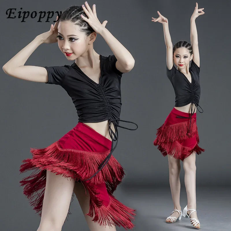 Ropa de baile latino para niños, Ropa de baile para niñas, falda dividida, ropa de práctica profesional, competición de clasificación