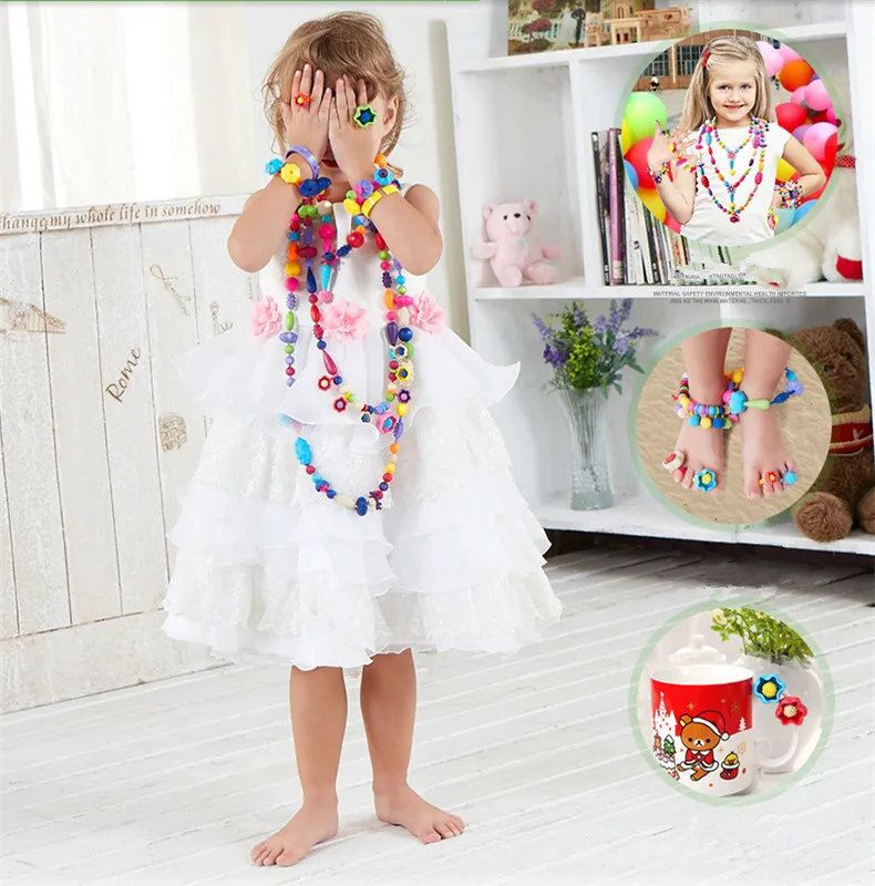 [Funny] DIY hand-made colorful string beads Children's Cordless Necklace bracelet jewelry educational toy for girl birthday gift