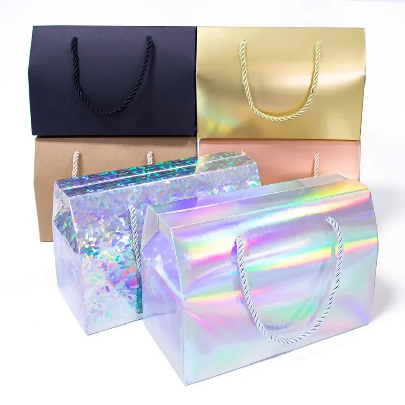 Laser Color Handheld Gift Box Wedding Candy Cake Mousse Portable Boxs Thick Cowhide Color Bakery Dessert Folding Packaging pouch