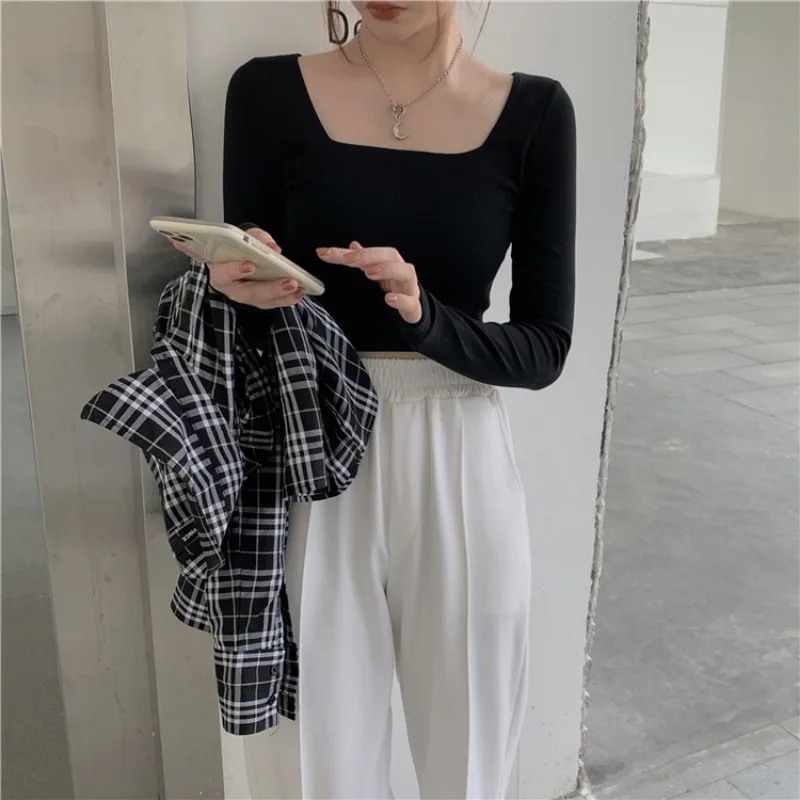 여성용 스퀘어 칼라 숏 탑 신상 한국 스타일 슬림핏 이너 셔츠 긴팔 티셔츠 트렌디