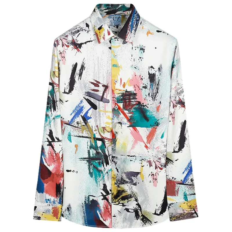 Luxury Silk Shirt Men Fashion Graffiti Print Long Sleeve Casual Shirts Slim Social Streetwear Non Ironing Nightclub Stage Shirt