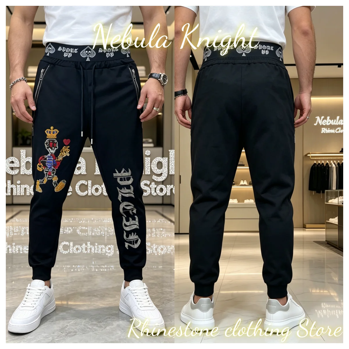 Casual Daily Streetwear Pants For Men Elastic High Waist Sweat Trousers Luxury Rhinestone Decor Zipper Pocket Design