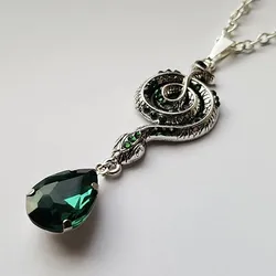 Silver Tone Emerald Snake Drop Necklace Pendant Serpent Witch Pagan Alternative Statement Punk Crappy Jewelry Women Fashion Gift