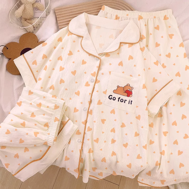 

Love Letter Cute Bear Print Women's Pajamas Cartoon Short Sweet Kawaii Y2K Pajamas for Women New Summer 3 PC Set Sleepwear Woman