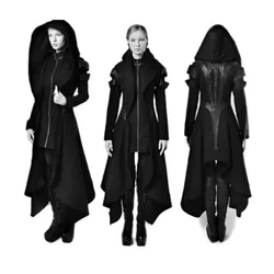 Steampunk Gothic Women Vintage Victorian Long Coat Jacket Lace Trim Bandage Medieval Handsome Hooded Trench Coats Windbreaker