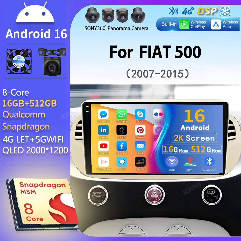 Android 16 For FIAT 500 2007-2015 2K Wifi Auto Car Radio Multimedia Video Player GPS Navigation CarPlay 4G Navigation stereo BT