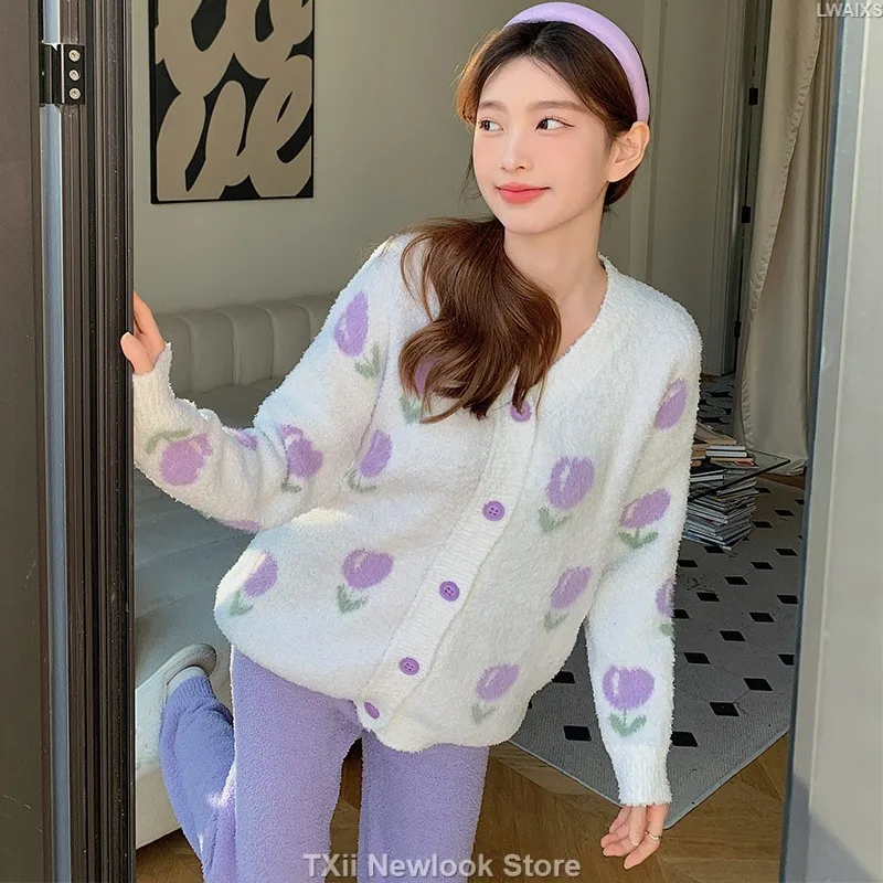 TXii Newlook Purple Tulip Feather Yarn Pajamas Women's Fall/Winter 2022 New Soft Thickened Long Sleeve Sweet Home Clothes