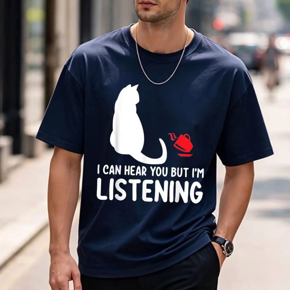 Funny Cat I Can Hear You But I'm Listening Cat and Coffee T-Shirt Graphic T Shirt Funny Outdoors High Quality Cotton Short-sleev