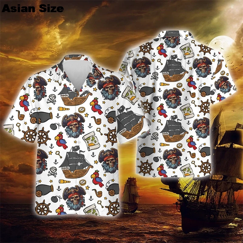 Vintage Skull Pirate Graphic Shirts For Men Clothes Harajuku Fashion Cosplay Short Sleeve Goth Hawaii Navigator Parrot Blouses