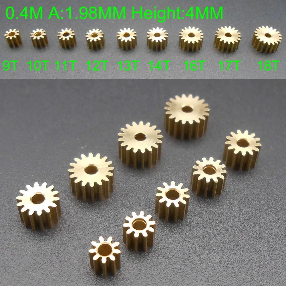 5Pcs 0.4M Brass Gear Spur Pinion Mechanical Small 0.4 Modulus Bore Hole Aperture 2MM 1.98MM 9/10/11/12/13/14/15/16/17/18 Teeth