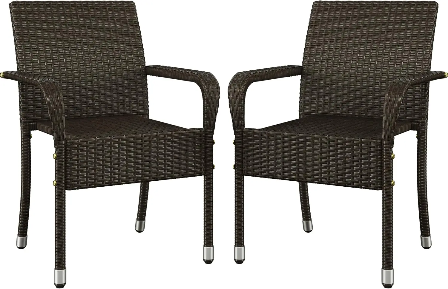 Set of 2 Stackable Outdoor Rattan Dining Chairs, All-Weather Armchair w/Armrests, Steel Frame for Garden, Patio, Deck, Yard, Poolside, Brown