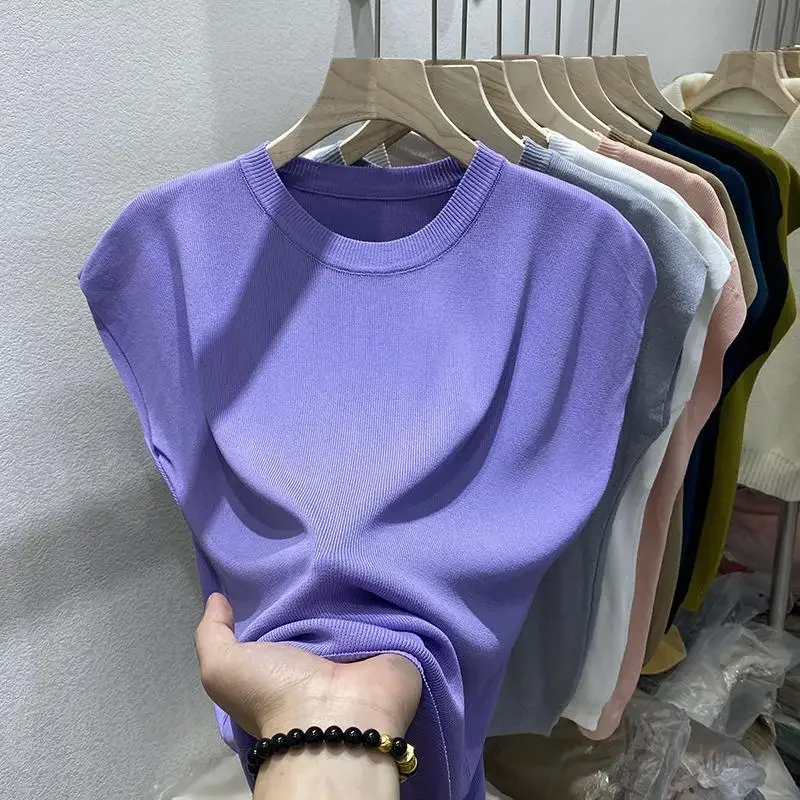 T-shirt lavorata a maglia di seta di ghiaccio allentata o-collo estate sottile Klein blu manica a pipistrello Top donna camicie oversize a maniche