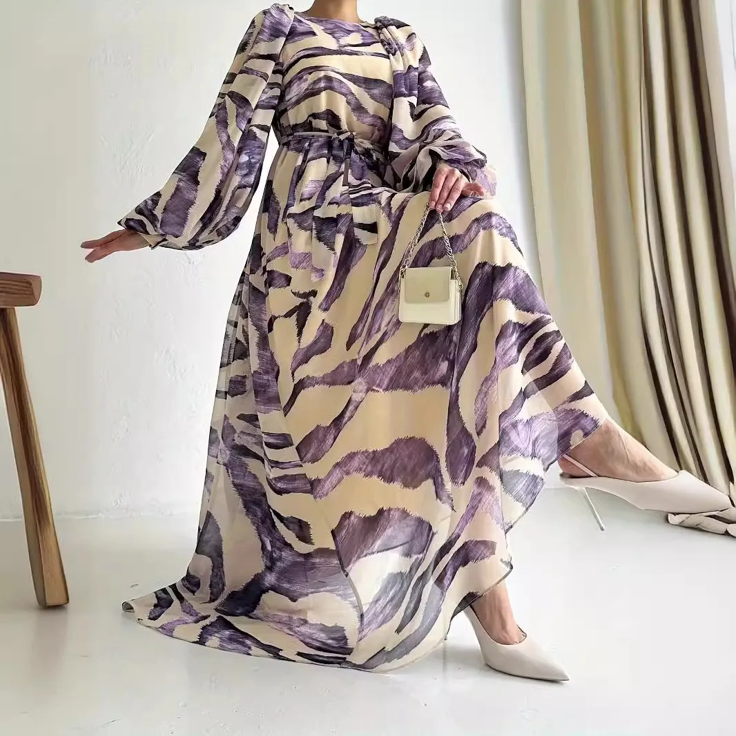 

New Fashion Muslim Dress Floral Printing Belt Design Chiffon Floral Printing Long Dress Bubble Sleeves Breathable Modest Abaya