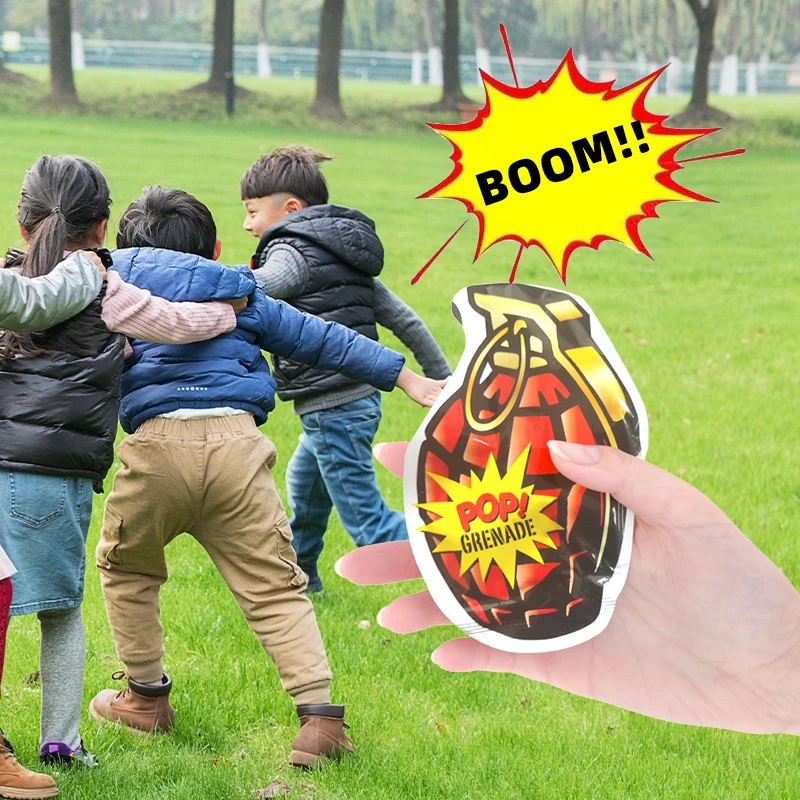 Simulated self explosion, simulated prank decompression, explosive package to scare small toys