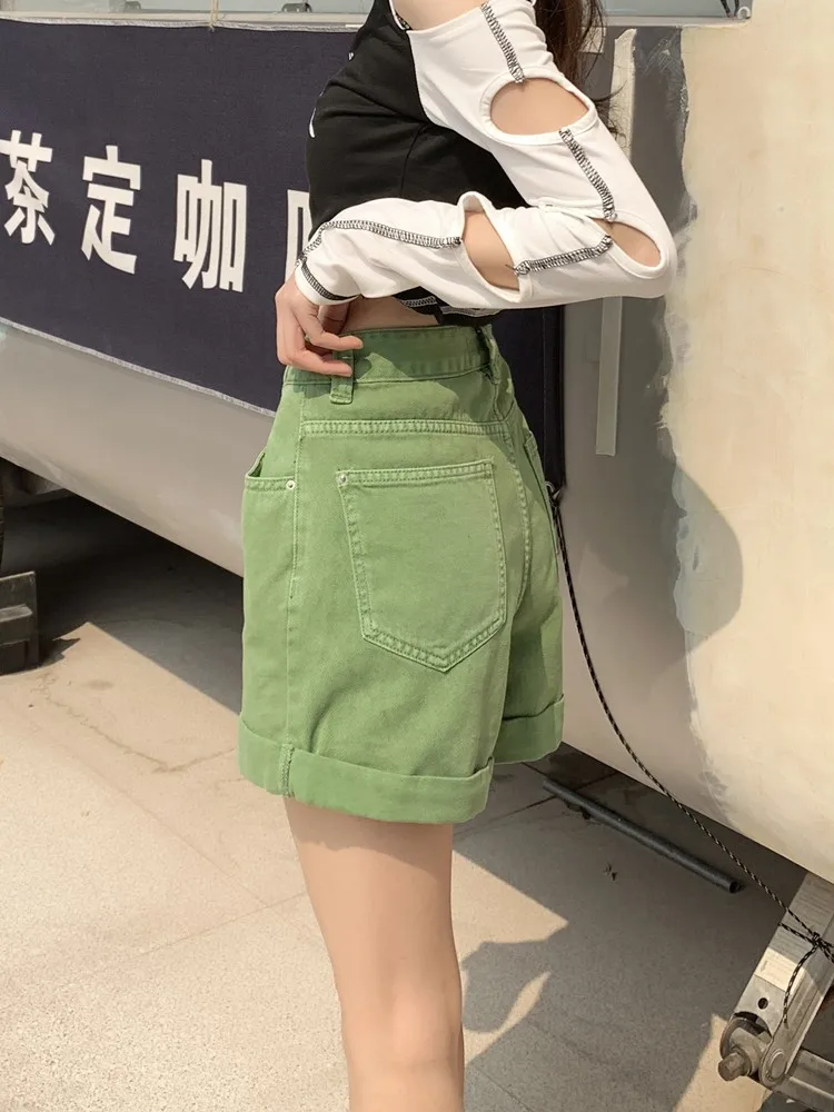 GUUZYUVIZ Green Shorts Feminina Summer Casual Loose Vintage  Jeans Shorts Women Streetwear High Waisted Wide Leg Denim Shorts