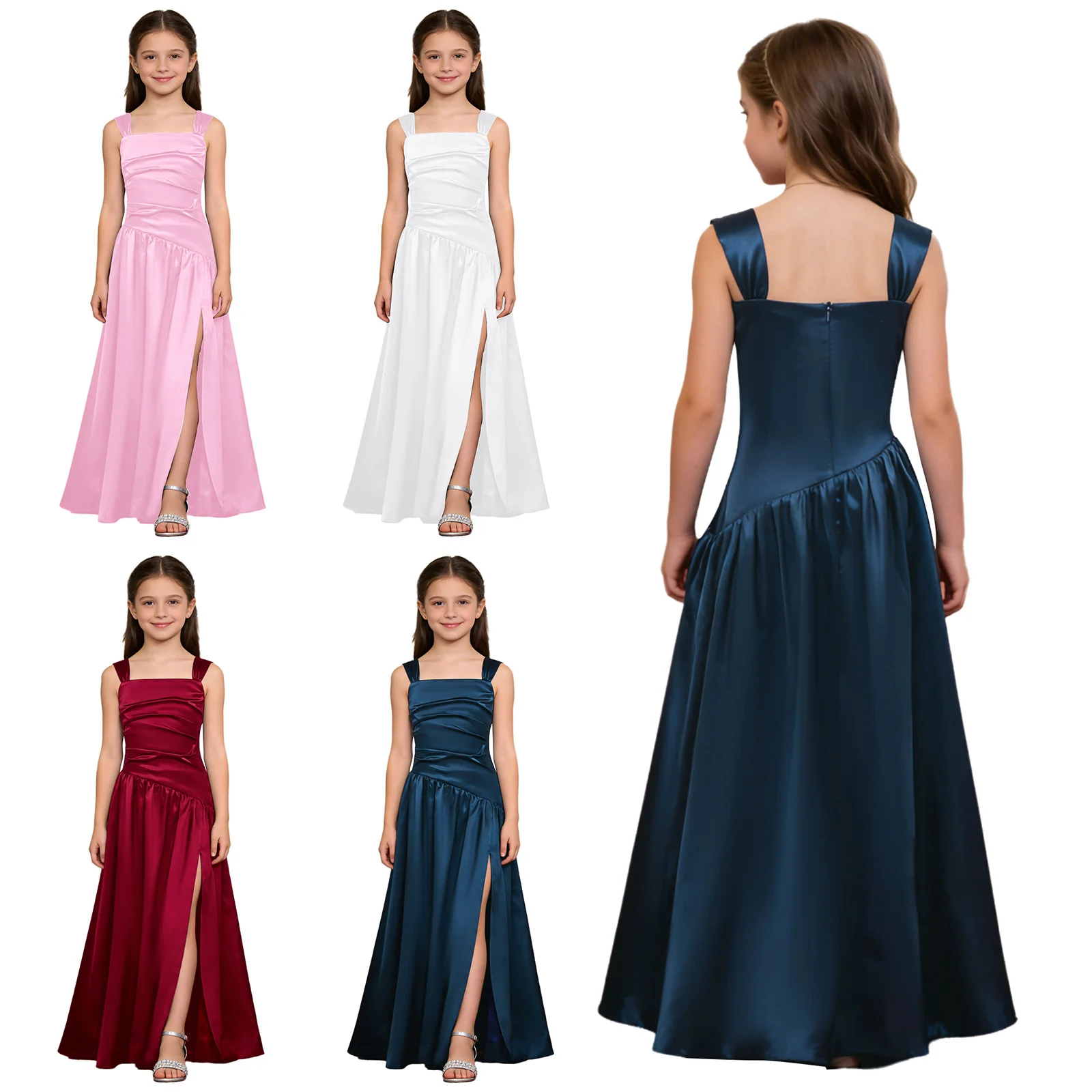 Kids Girls Satin Wedding Bridesmaid Dress Square Neck Sleeveless Ruched Bodice A-Line Formal Gown for Birthday Party Pageant