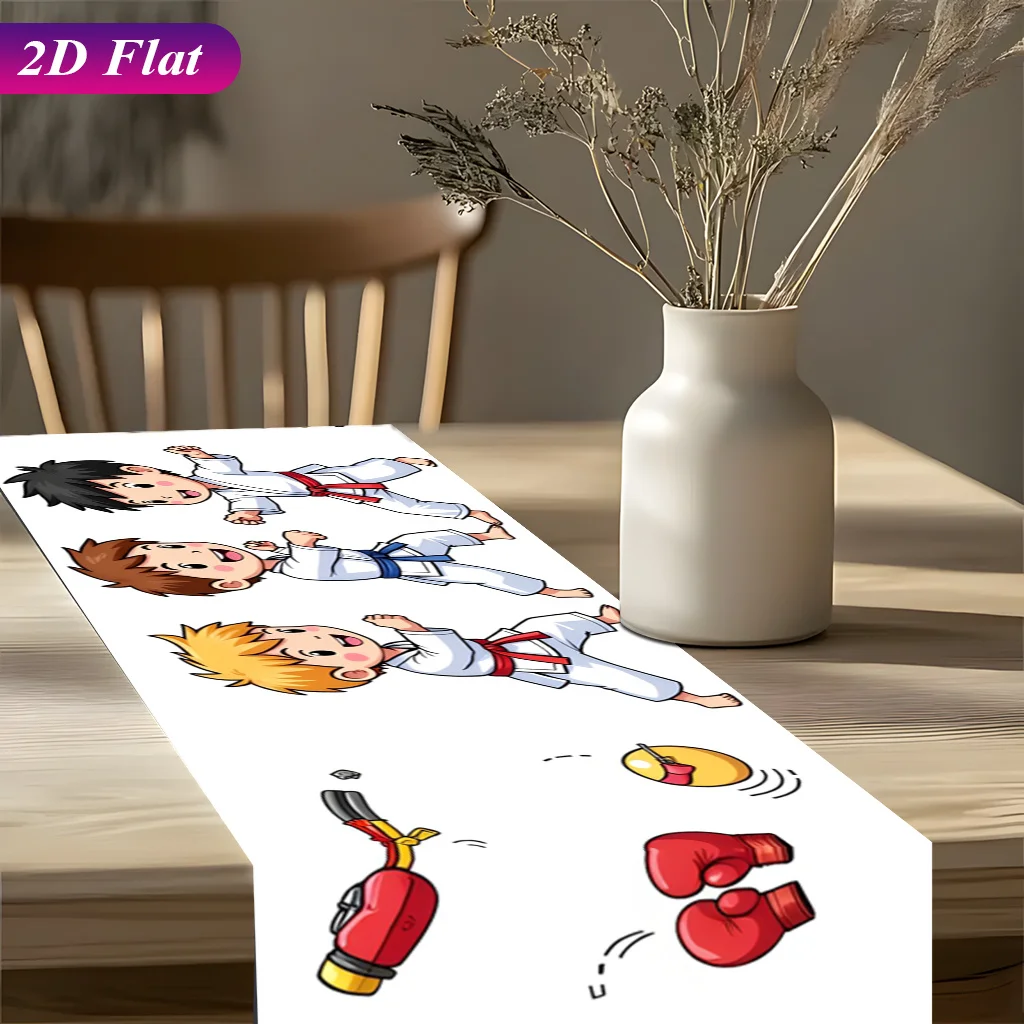 2D Flat Boxing Karate Equipment Print Table Runner Polyester Rectangular Table Flag Decor For Banquet Holiday Event Seasonal Tab
