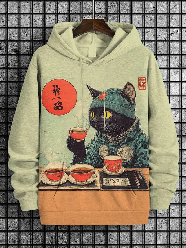 

2025 мужские толстовки с капюшоном, черный кот, дегустация чая, японское искусство, толстовка с 3D принтом, мужской и женский спортивный костюм, повседневное уличное пальто Y2k