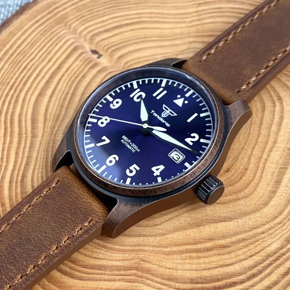 Tandorio 39mm Retro Pilot Case Electroplated-Copper NH35 Movement Automatic Men Watch Sapphire Crystal Diver 20BAR Waterproof