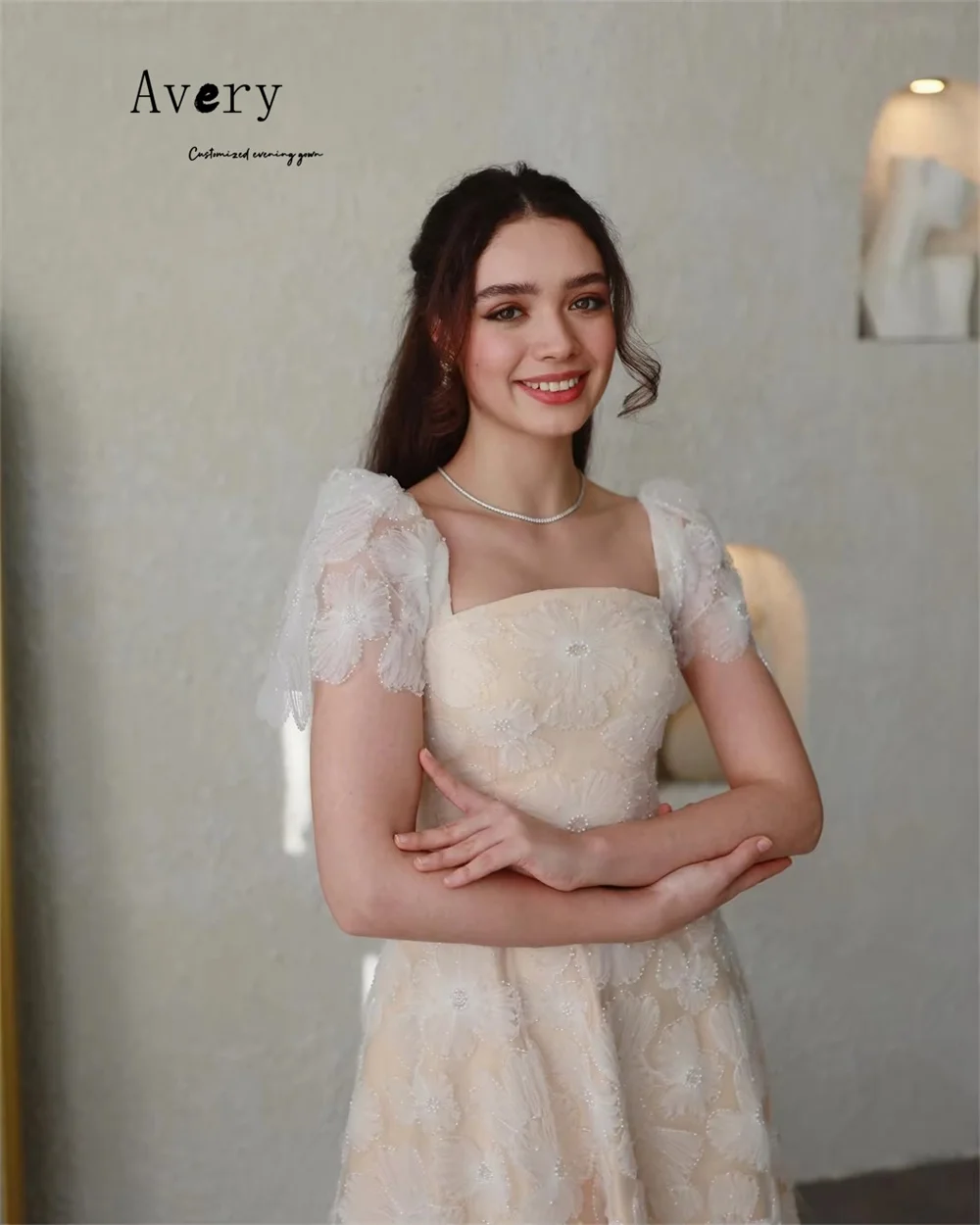 Avery-vestidos de noche elegantes de manga corta con encaje de flores personalizados para mujer, vestidos de noche de lujo, vestido de baile para mujer 2025