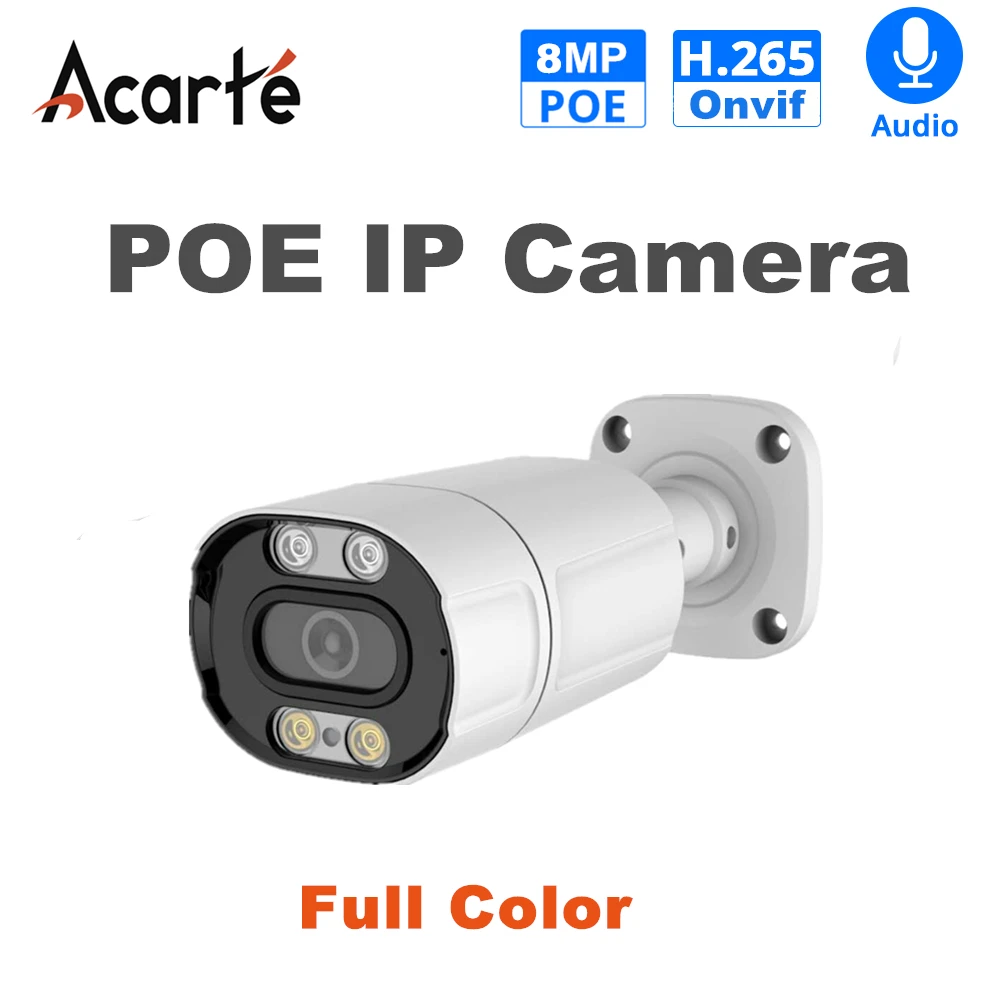 Câmera IP Acle-POE para segurança ao ar livre, colorida, visão noturna, CCTV, áudio, 4K-8MP, 5MP, H.265