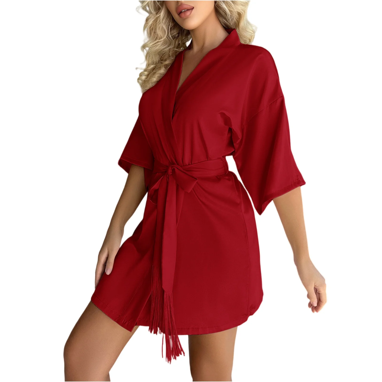 Ladies' Basic Lightweight Pure Color Mid Sleeved Tassel Bathrobe Fashion Soft and Comfortable Skin-friendly Lingerie Homewear
