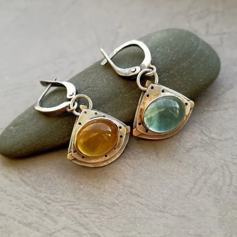 Luxurious Silver Geometric Triangle Fashionable Yellow And Blue Gemstone Earrings Suitable For Women To Wear
