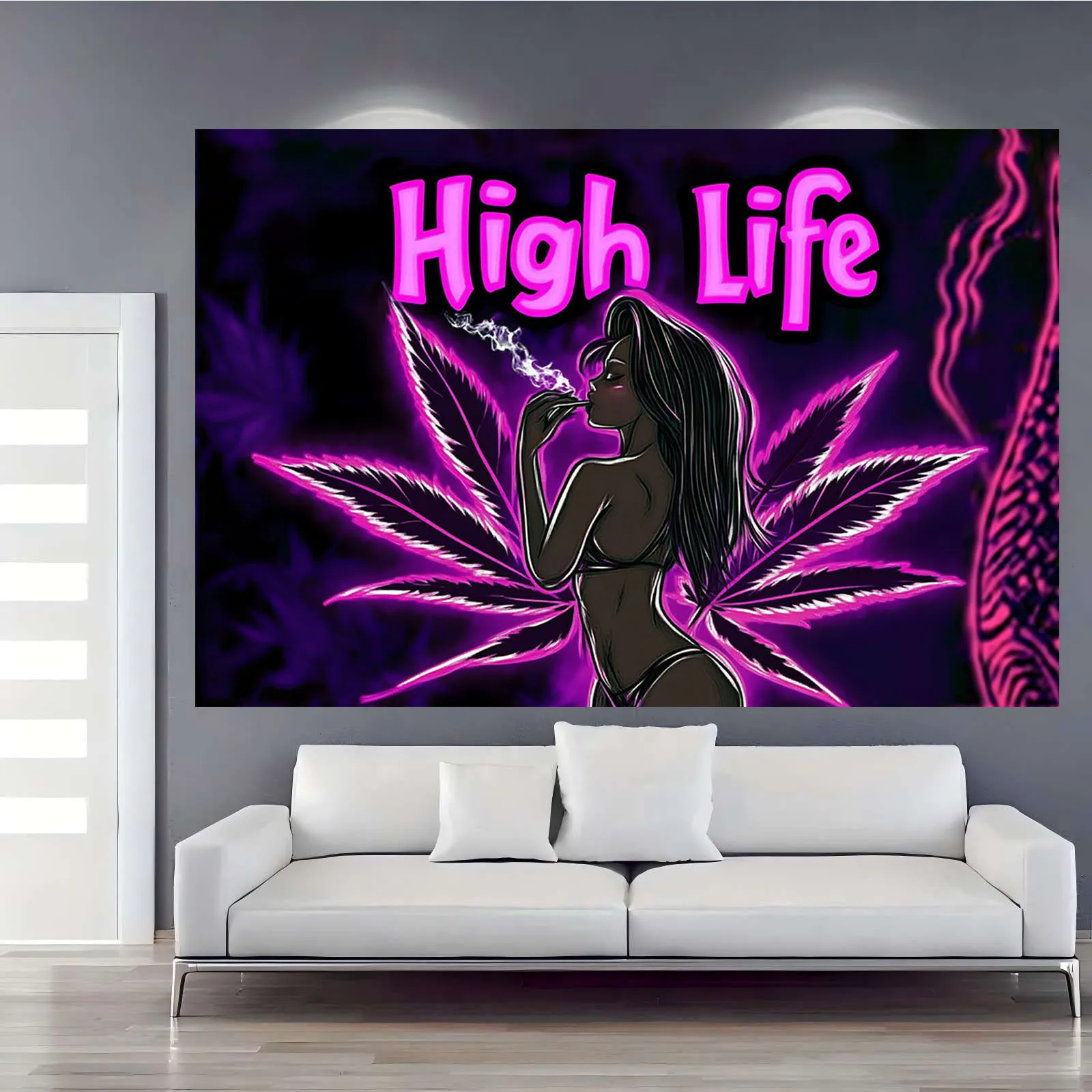 High Life Tapestry Neon Weed Art Female Silhouette Psychedelic Wall Hanging Boho Decor Free Hooks Included Simple Installation