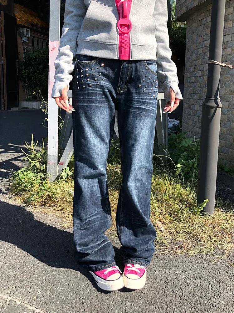 Retro Large Size Rhinestone Micro Flared Jeans Women's Sexy Straight Leg Casual Versatile Long Pants Korean Style Washed Denim