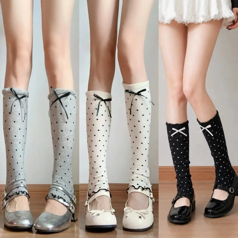 Knit Polka Dot Leg Warmers Ruffled Trim Y2K Style Bow Ruffled Calf Socks Slimming Design Stretchable Fabric Slouchy Leg Covers