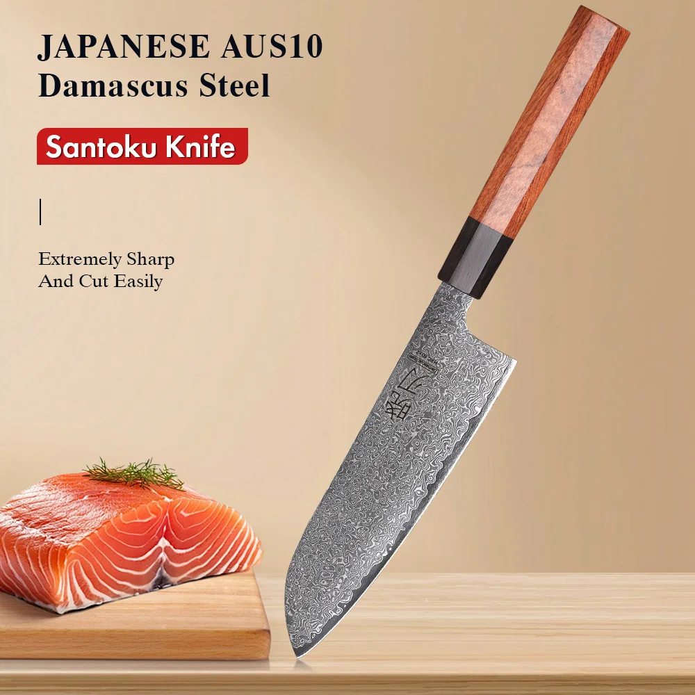 

7" Santoku Knife Damascus Steel Professional Chef Knives Kitchen Meat Slicing Vegetable Cleaver Japanese Handmade Cooking Tools