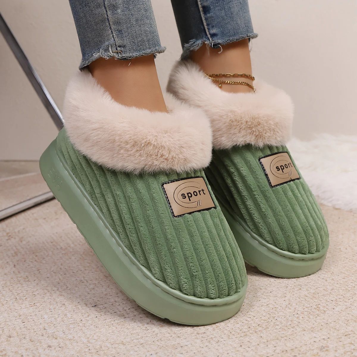 Autumn and Winter Fluffy Home Slippers, Warm Soft-Soled Ankle Shoes, Plush Indoor Comfortable High-Top Shoes, Bedroom Silent Floor Shoes view 5